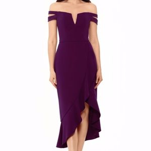 Xscape Off-the-Shoulder Asymmetrical High-Low Midi